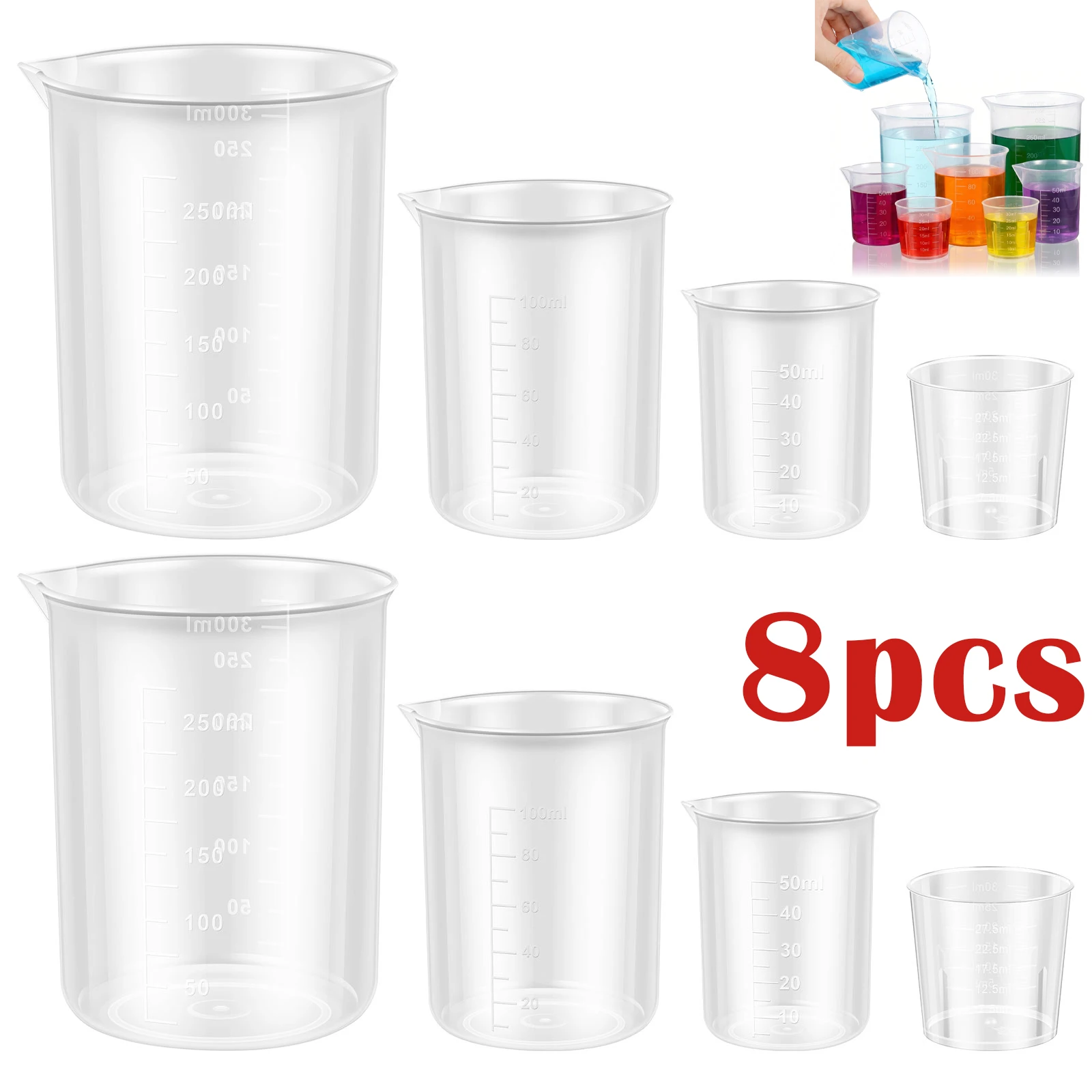 8 Pcs Plastic Measuring Cup Set 30/50/100/250ml Transparent PP Measuring Cup Graduated Lab Beakers Kitchen Measuring Mixing Cups