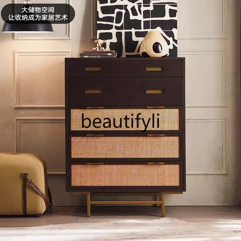 

Modern simple medieval retro old solid wood oak rattan chest Nordic porch six side cabinet