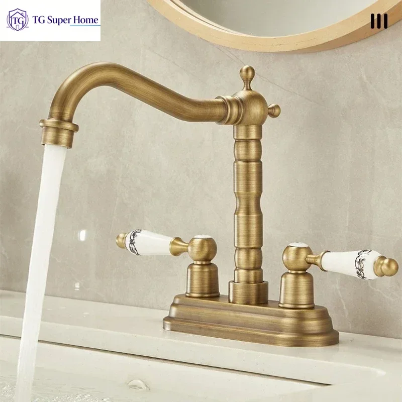 Double Handle Double Hole Bathroom Basin Faucet Antique Bronze Mixer Tap