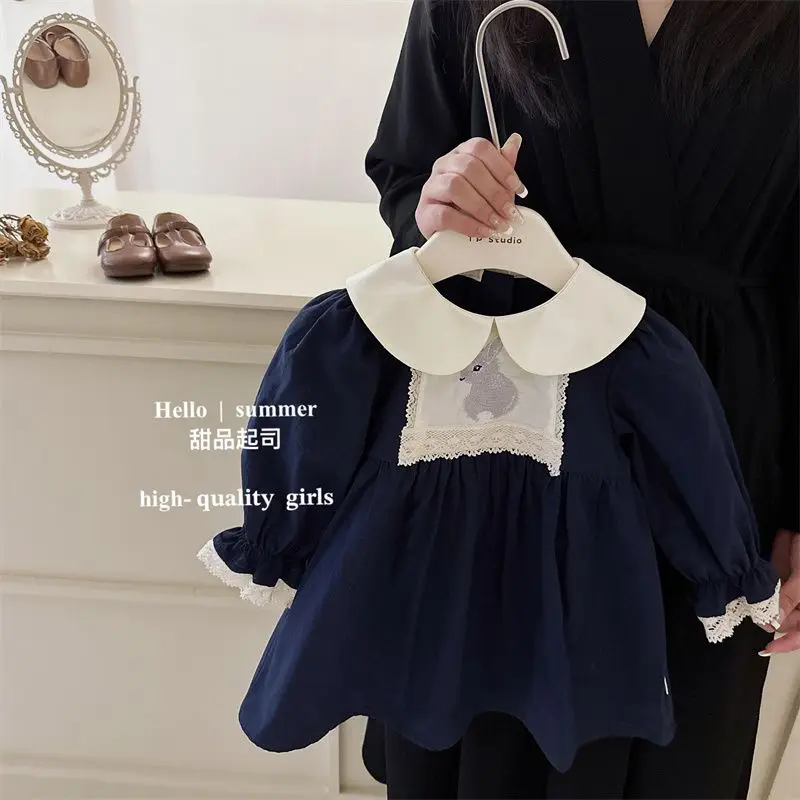 

Girls French Doll Collar Rabbit Embroidery Long Sleeve Navy Blue College Style Skirt Princess Skirt Outer Wear Casual Sweet Cute