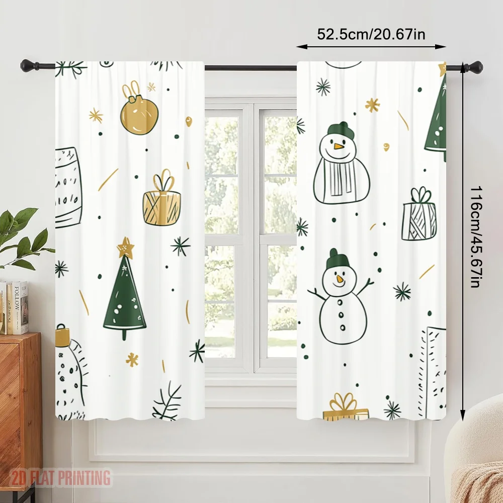2pcs,2D plane printing Pattern Curtains Christmas Bells Trees Snowman Gift Polyester Easy Install (without rod) Gifts Ldeal for