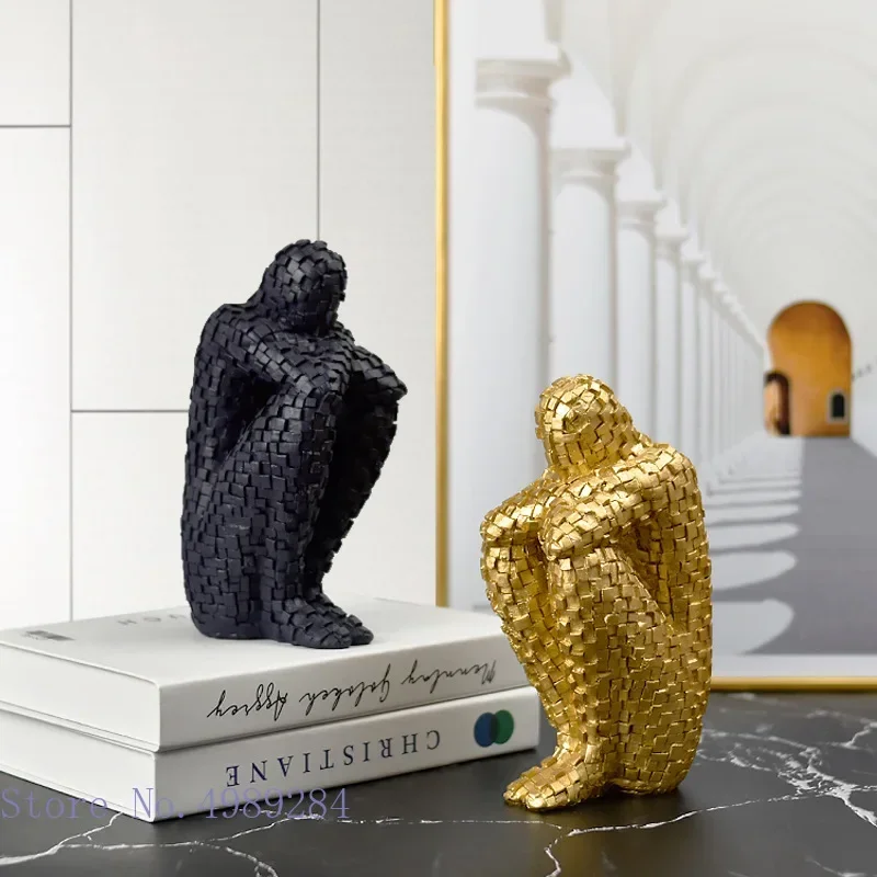 Resin Abstract Figure Statue Mosaic Character Model Sculpture Geometry Uneven Tuck Thinker Golden Man Resin Crafts Ornaments
