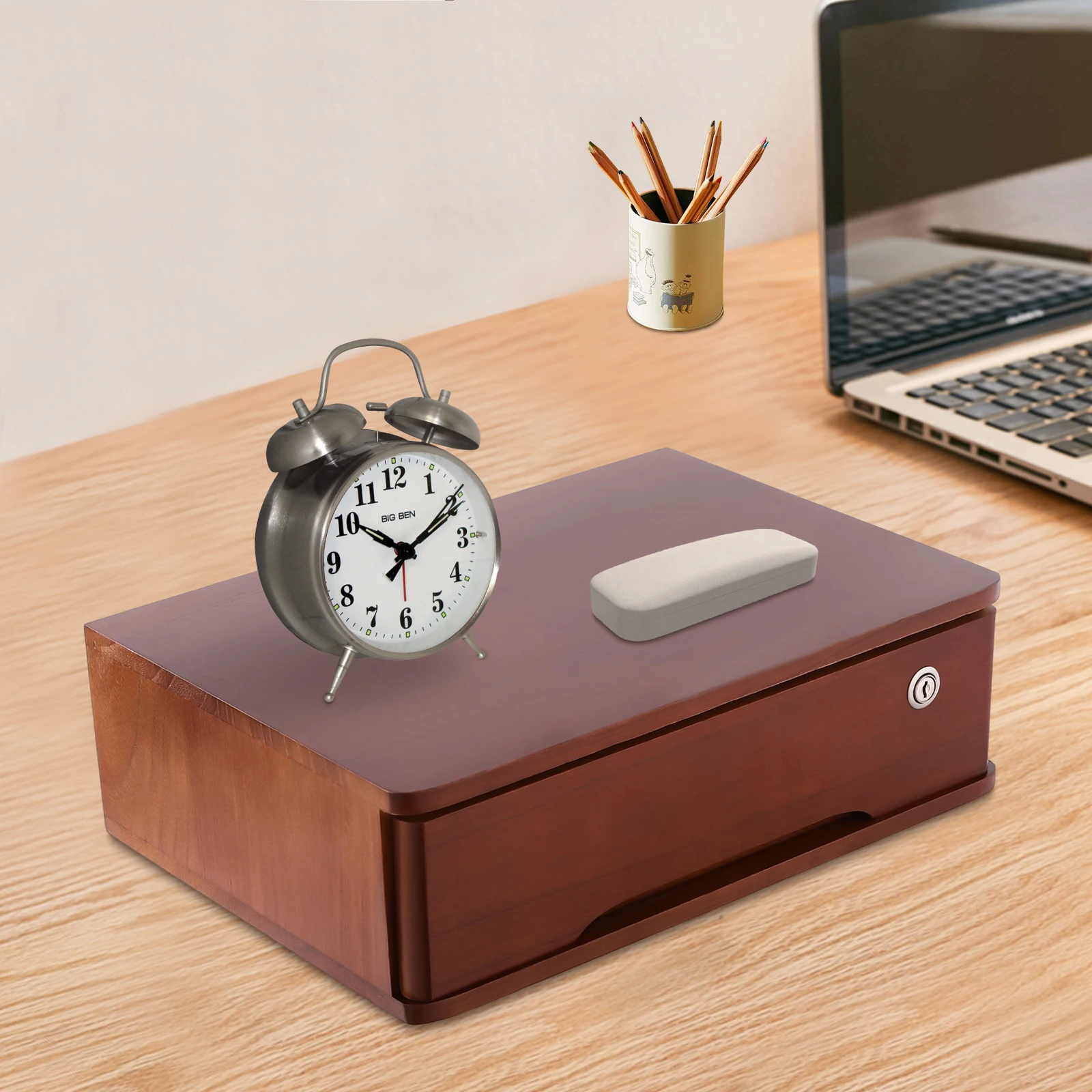 1-Drawer Walnut Wooden Desktop Storage Box Rectangular Desk Organizer Office Supplies File Organizer With 2* Keys