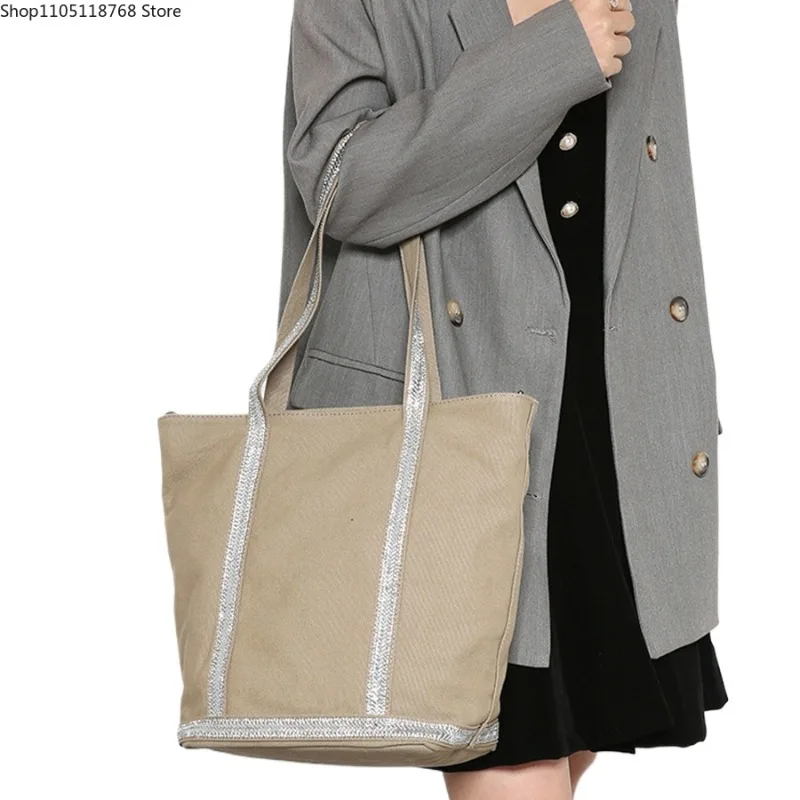 

Luxury Glitter Rhinestone Canvas Totes Bag Edge Large Capacity Computer Hand Bags Travel Women Shoulder Bag