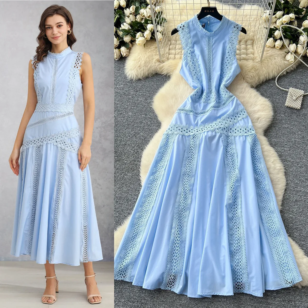 

Women Dress Long Dresses Party Night A Line Vestidos Round Neck Sleeveless Lace High Waist Elegant Splice Y2k Streetwear