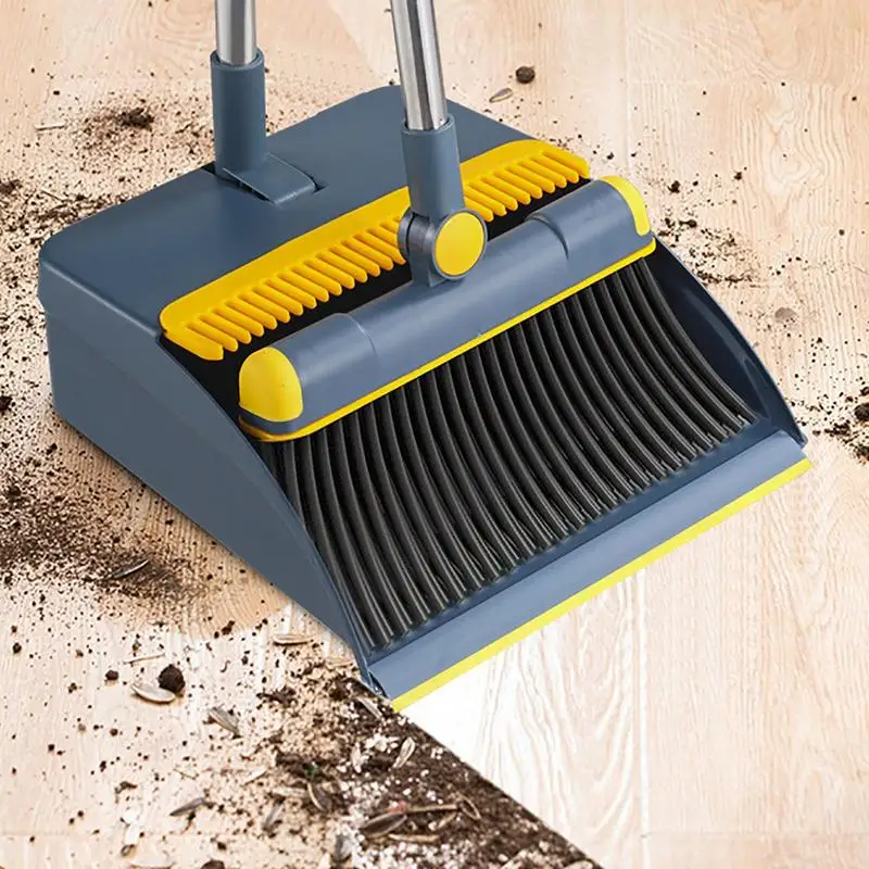 180 Rotatable Broom And Dustpan Set Standing Broom Dustpan With Scraping Teeth Household Office Deep Cleaning Tools