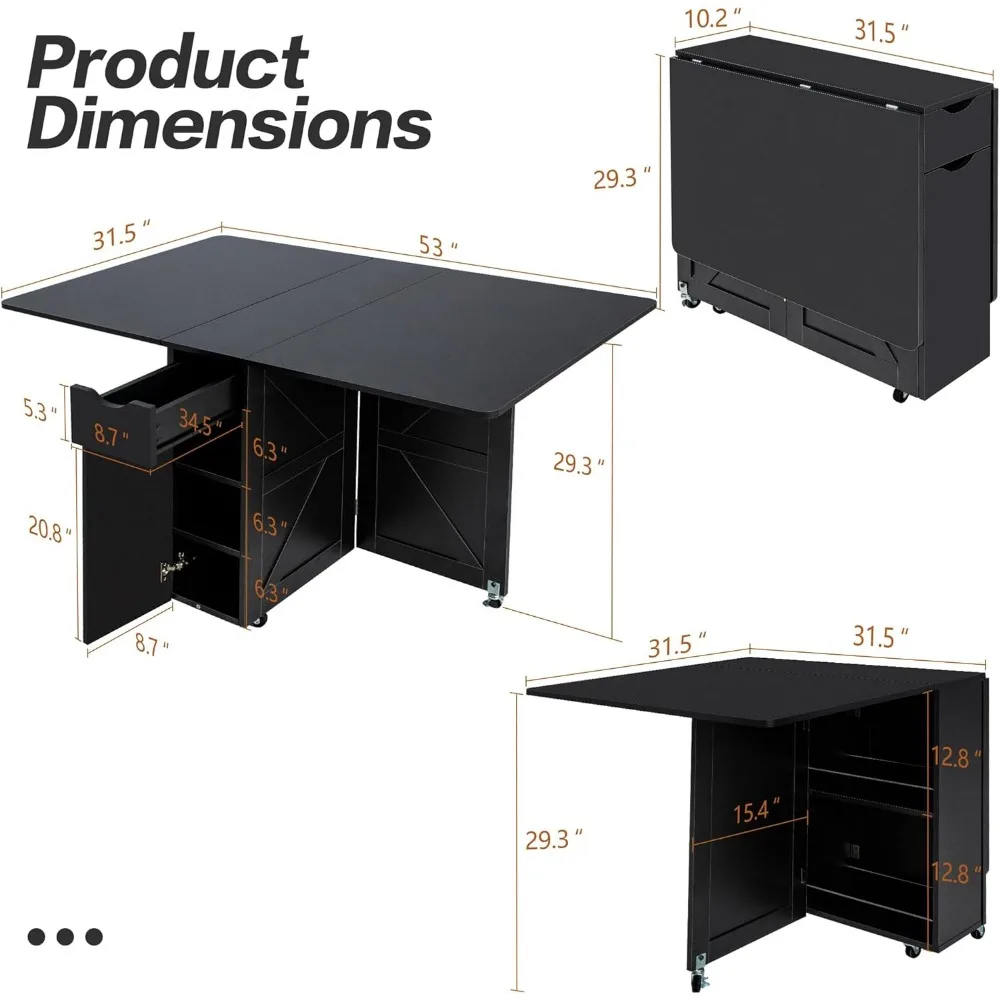 โต๊ะรับประทานอาหารพับได้ ประหยัดพื้นที่ โต๊ะรับประทานอาหารพับได้พร้อมลิ้นชัก ชั้นวางและชั้นวางไวน์ โต๊ะวางใบไม้สําหรับพื้นที่ขนาดเล็ก