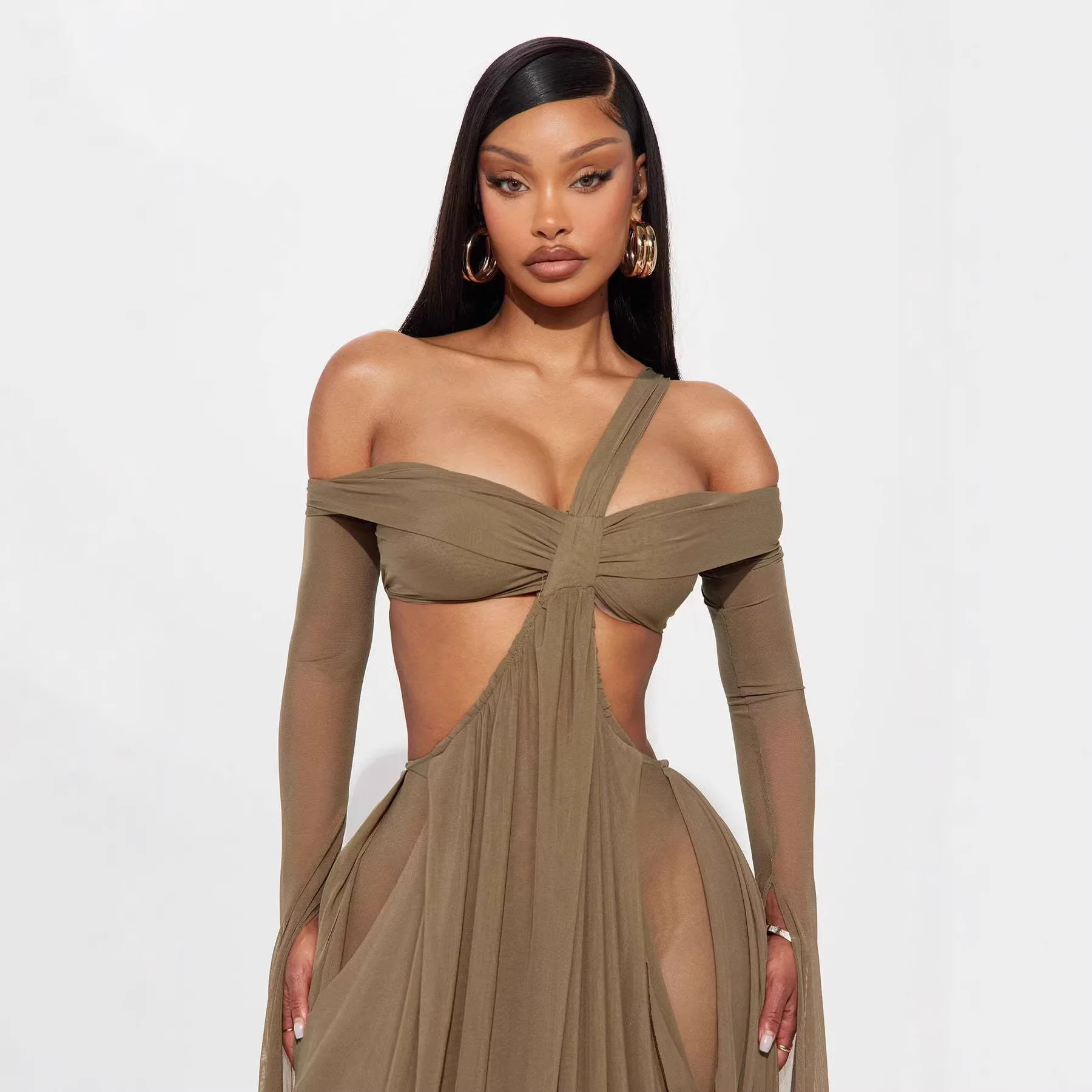 Abito lungo con ritaglio monospalla Abito da sera in maglia trasparente da donna Elegante abito da ballo formale aderente increspato 2026 Nuova moda