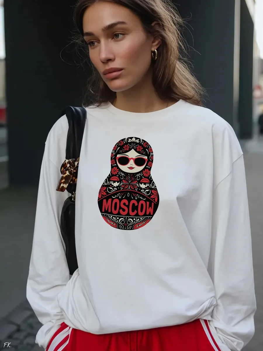 

100% Cotton Women's Basic Long Sleeved Loose Casual Fashionable Printed T-shirt 2026 New Loose Round Neck Top