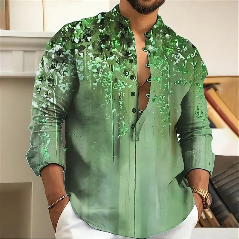 

New Light Luxury Ink Flower Men's Shirt 3D Printed Stand up Collar Loose Daily Long Sleeve Shirt Clothing