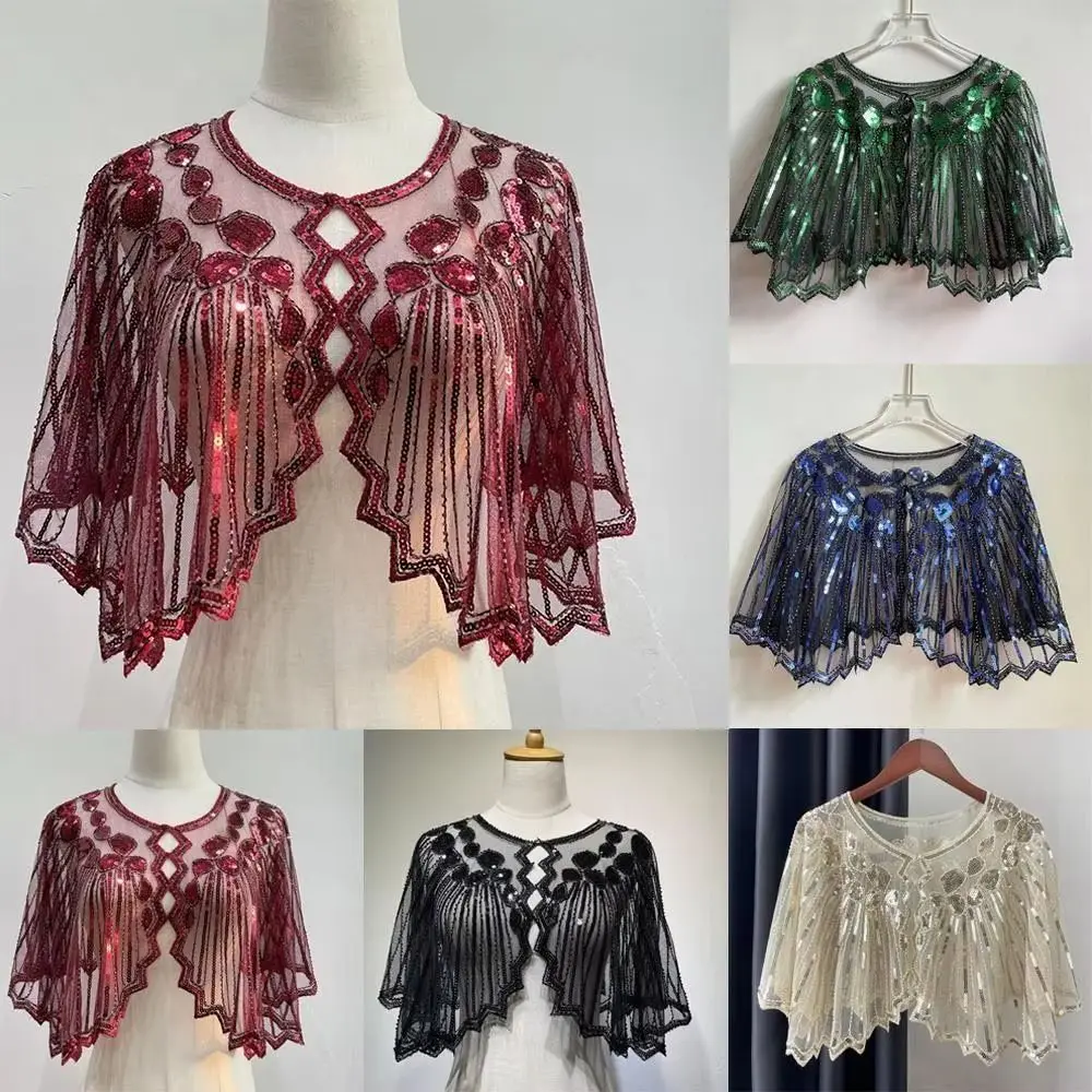

Beaded Decoration Women's Sequins Shawl Vintage Mesh Evening Cape Short Cover Up Dress Accessory Flapper Party Shawl Ladies