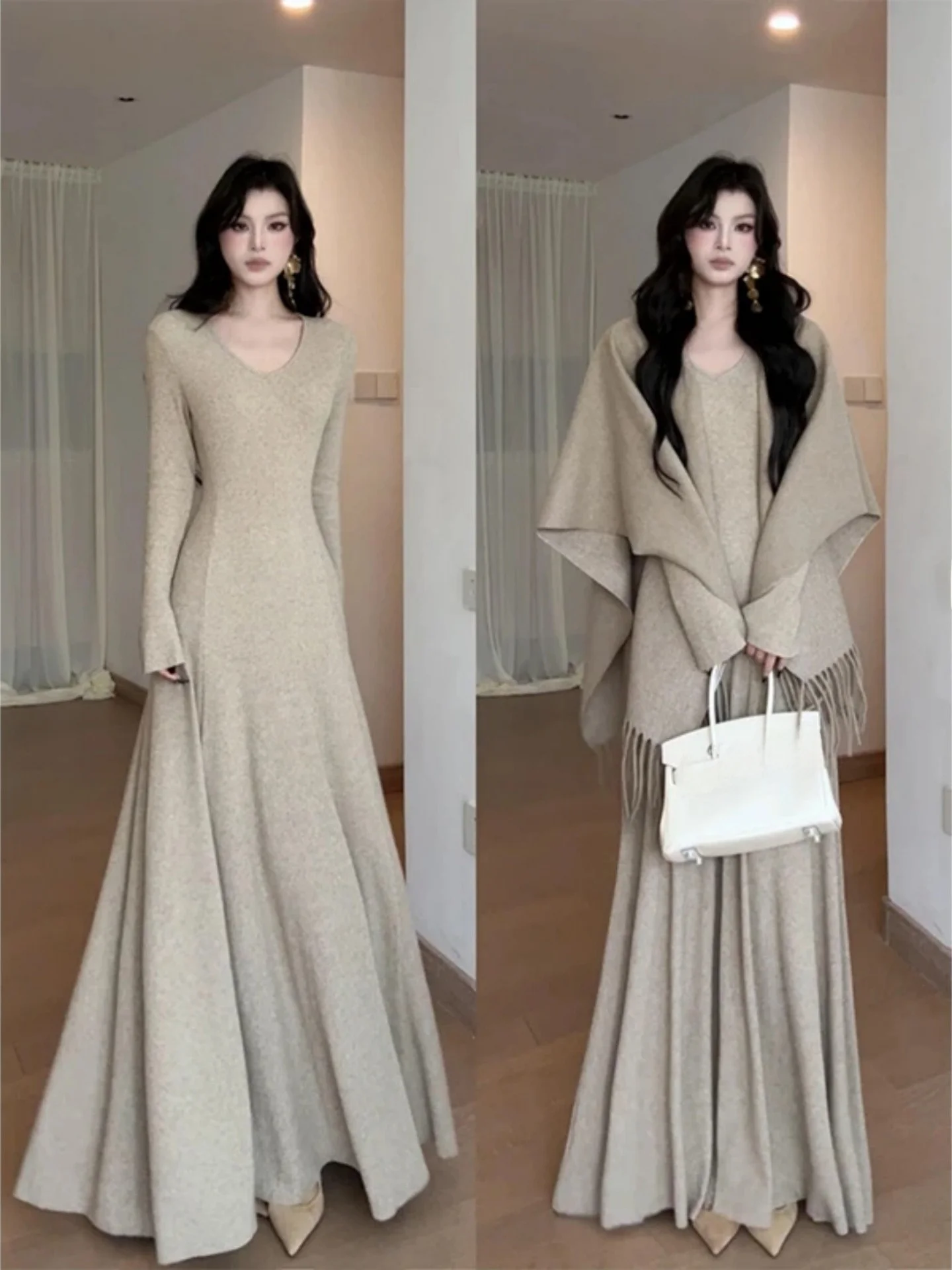 

Retro V-Neck Knitted Long Sleeve Dress Women's Early Autumn Elegantly Loose Outerwear Shawl Cape Set plus Size Casual Wear