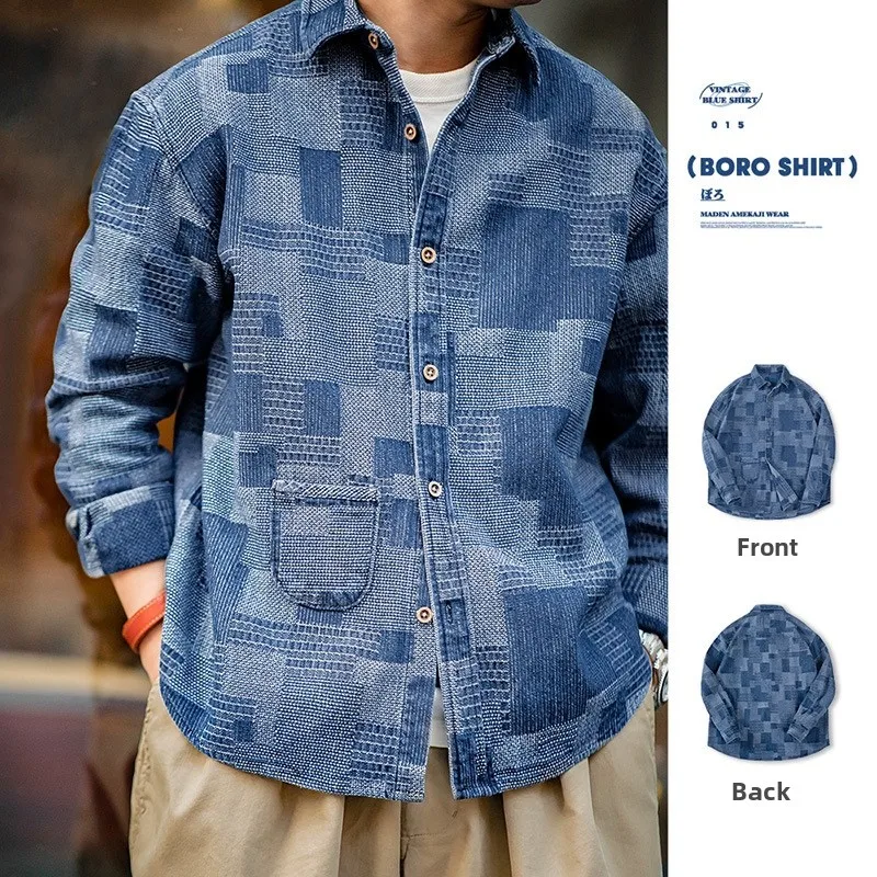 

Maden Japanese Retro Blue Dye Denim Long Sleeve Men's Shirt Workwear Patchwork Jeans Youth Trendy Wear Resistant Autumn Sprin...
