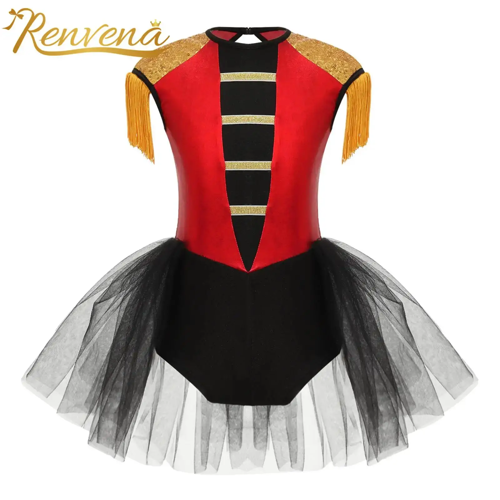 Kids Girls Circus Ringmaster Magician Costume Long Sleeve Sequin Leotard Tutu Roleplay Dress for Halloween Theme Party Clothes