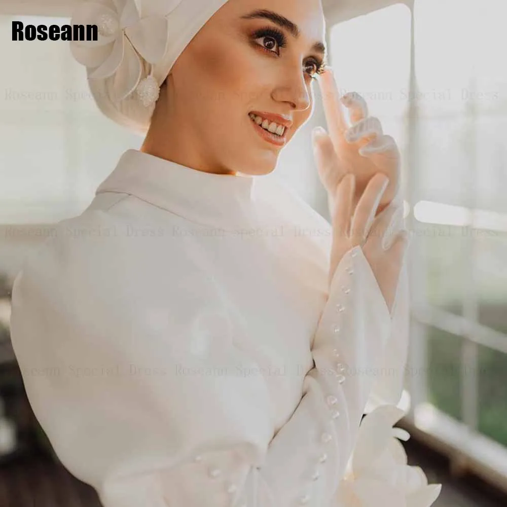 Muslim Retro A-line Wedding Dresses High Collar Button Flowers Draped Pleat Brush Train Floor Length Bride Dress robe de mariée