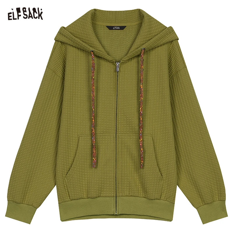 ELFSACK 2024 Autumn New Arrivals Bread Check Loose Hoodie Jacket for Women Melange College Style