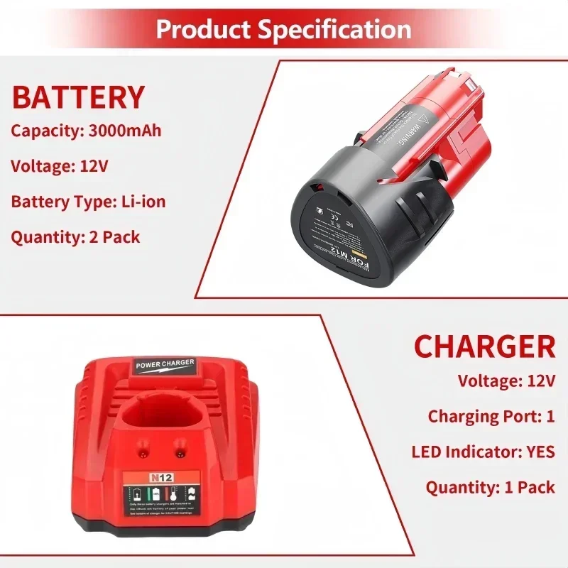 12V 3.0/6.0/9.0Ah Replacement Battery For Milwaukee M12 XC 48-11-2401, 48-11-2402, 48-11-2420, 48-11-2411,48-11-2412,M12B2,M12B4