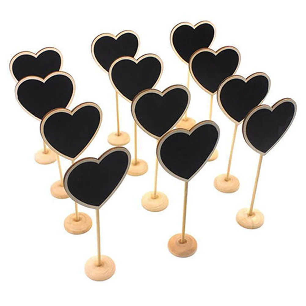 12 قطعة رسالة خشبية صغيرة على شكل قلب سبورة 7.1X2.9 بوصة قاعدة سوداء هدايا حفلات الزفاف حامل علامة السبورة للملاحظات