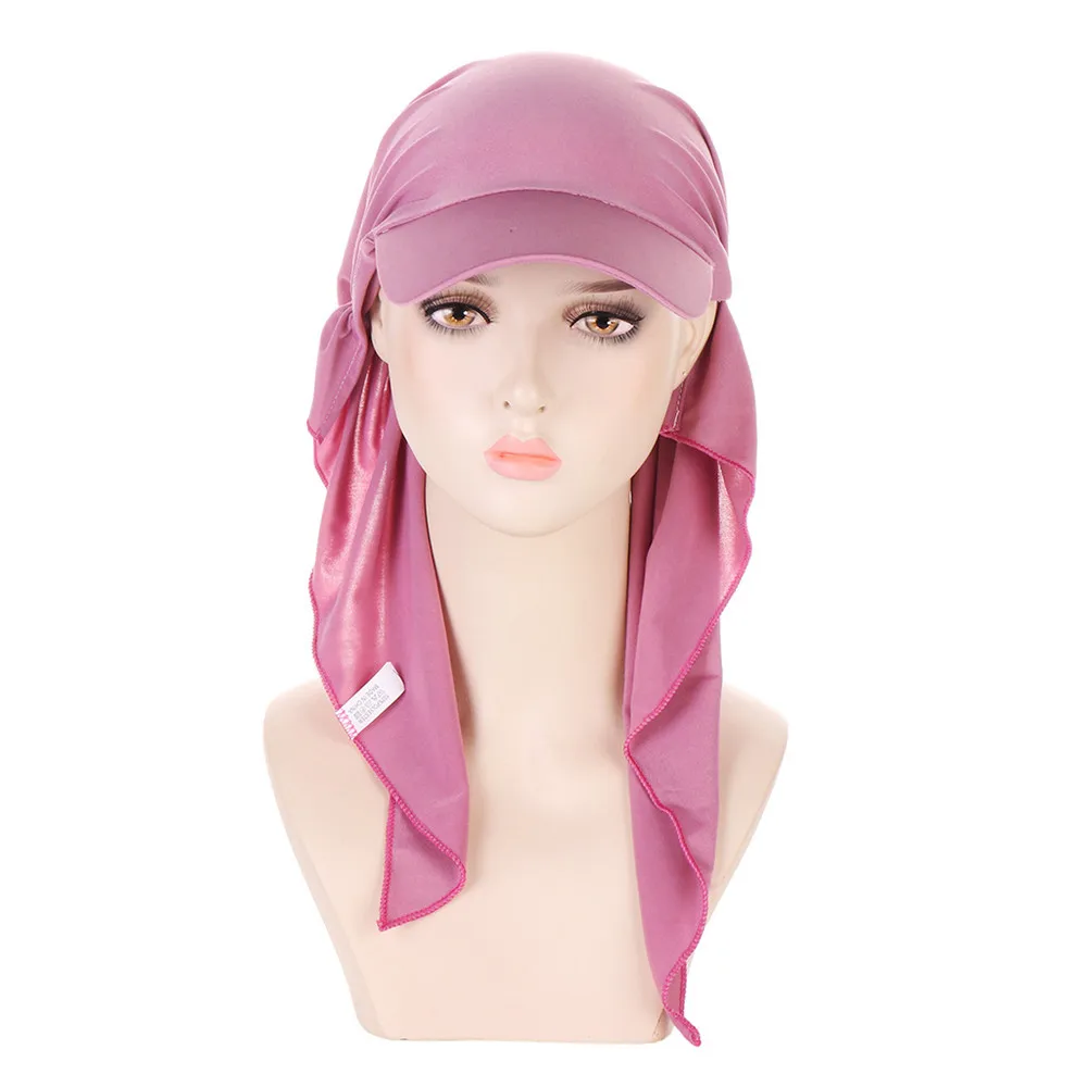 Muslim Women Brim Cap Sun Visor with Pre-Tied Elastic Turban Caps Head Scarf Hijab Female Hair Loss Outdoor Hat Bandana Headwrap