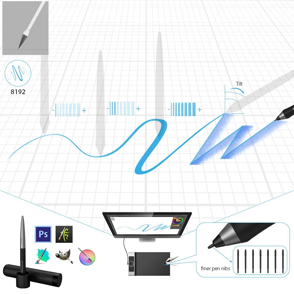 XP-Pen PA1 Battery-free Digital Stylus with 8 Replace Nibs for Drawing Tablet Deco Pro S/M