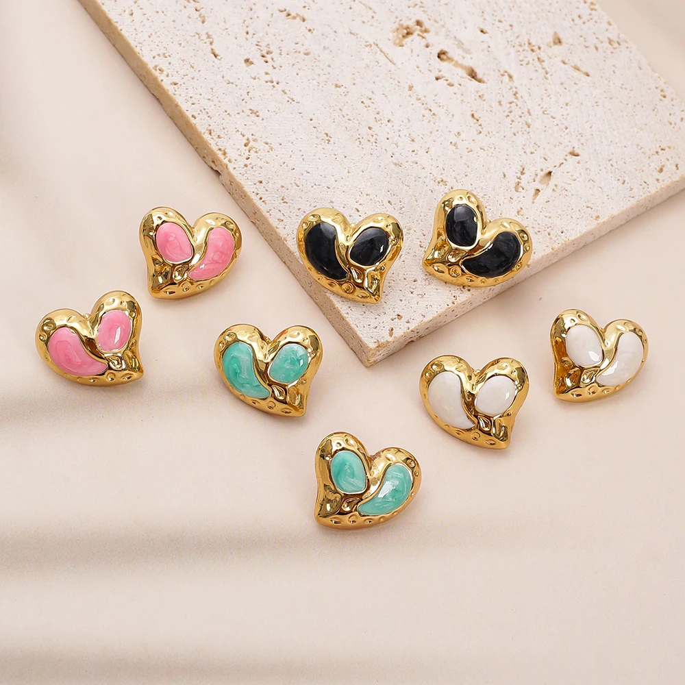 New Heart Stud Earrings Stainless Steel Golden For Woman 2026 Vintage Glazed Design Valentine's Day Gift Luxury Wedding Jewelry