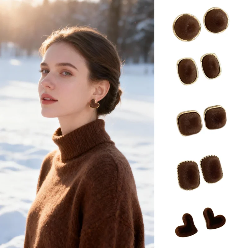 

Silver-Tipped Coffee Brown Flocked Geometric Heart-Shaped Earrings Fall/Winter Women's Earrings Minimalist Everyday Earrings