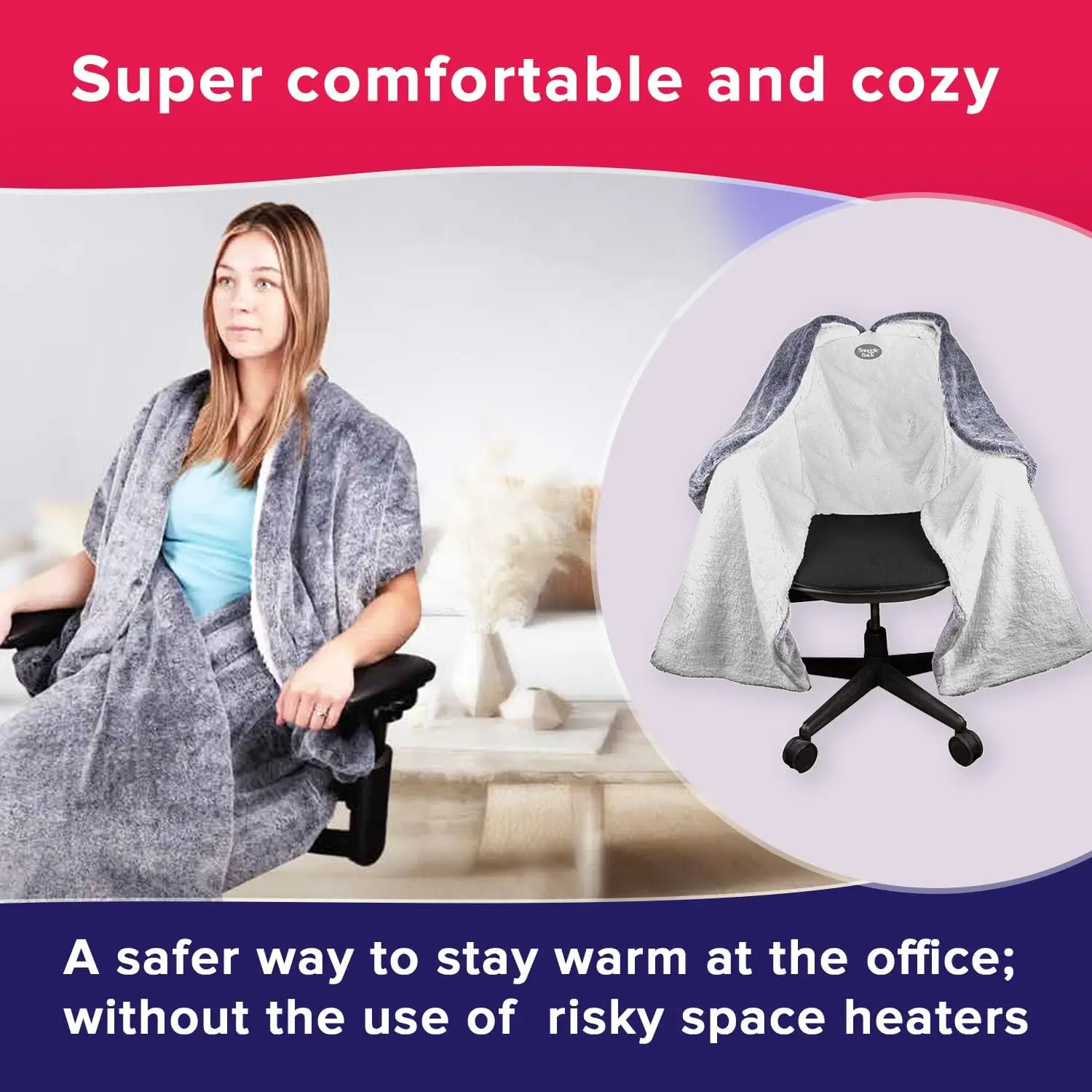 

The Original Office Chair Blanket By Snuggleback; Cozy Comfy Office Desk Chair Wrap Attaches For Convenient Heat And