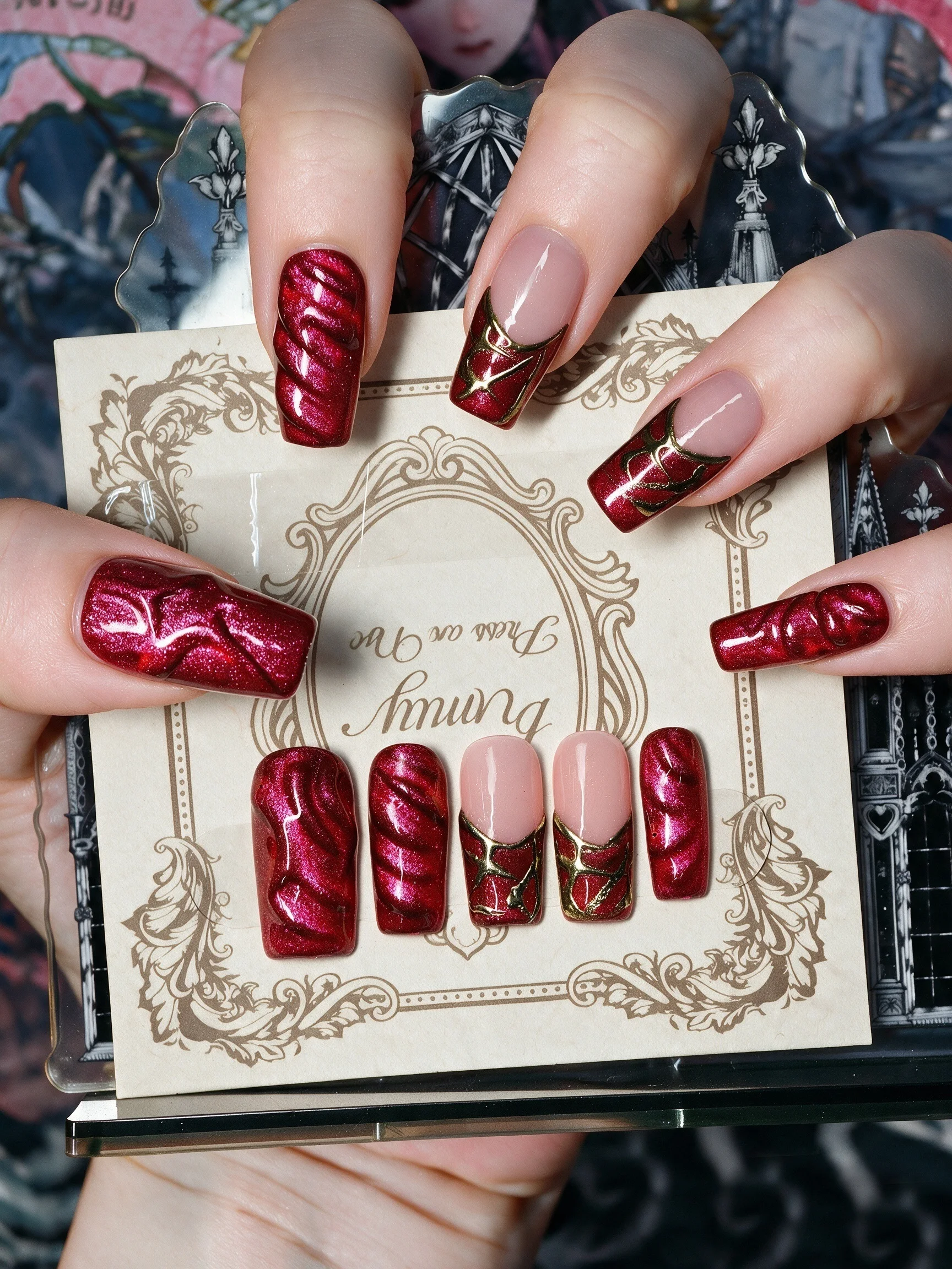 10pcs Square Press On Nails Handmade, Red French Style With Gold 3D Line Art, Cool Edgy Style Acrylic Nails For Summer Party