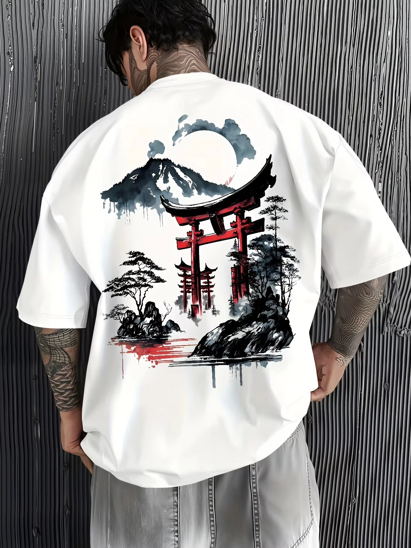 Japanese Ukiyoe Torii Gate&Fuji Mountain Printed T-shirt Men Women Cotton Loose Short Sleeve T-shirt Men's T-shirt Men's Clothes