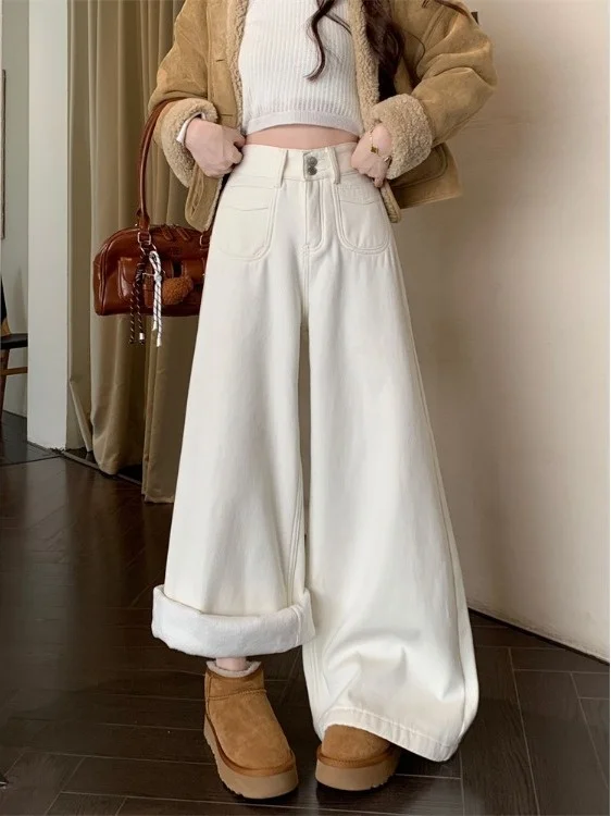 

High Waist Fleece Lined Thick Wide Leg Jeans Casual Loose Straight Floor Length Pants for Women Spring 2026 New Arrival