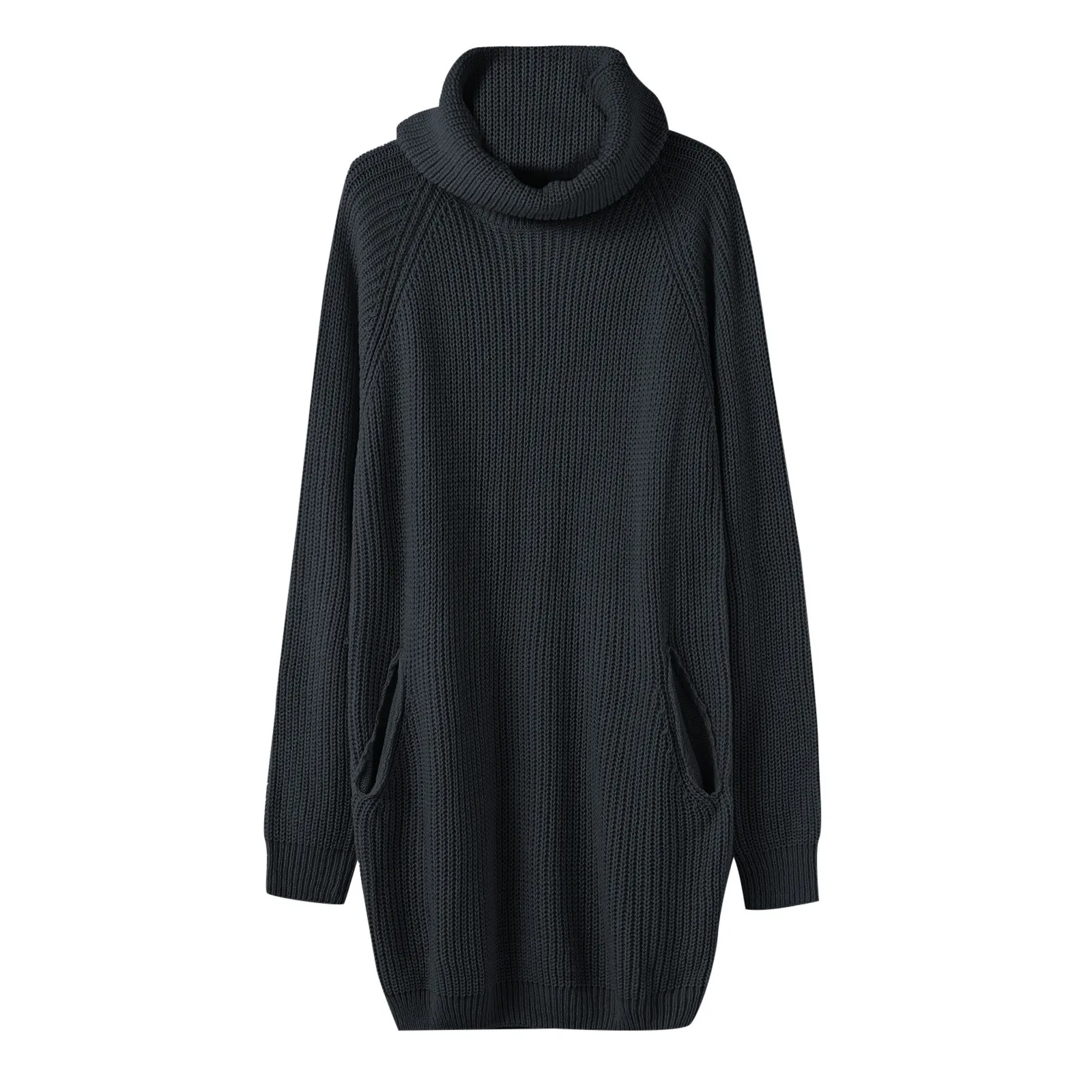 Turtleneck Long Sleeve Sweater Dress Casual Solid Pockets Knitted Dresses Women Fall Winter Loose Long Tunic Warm Pullover Robe