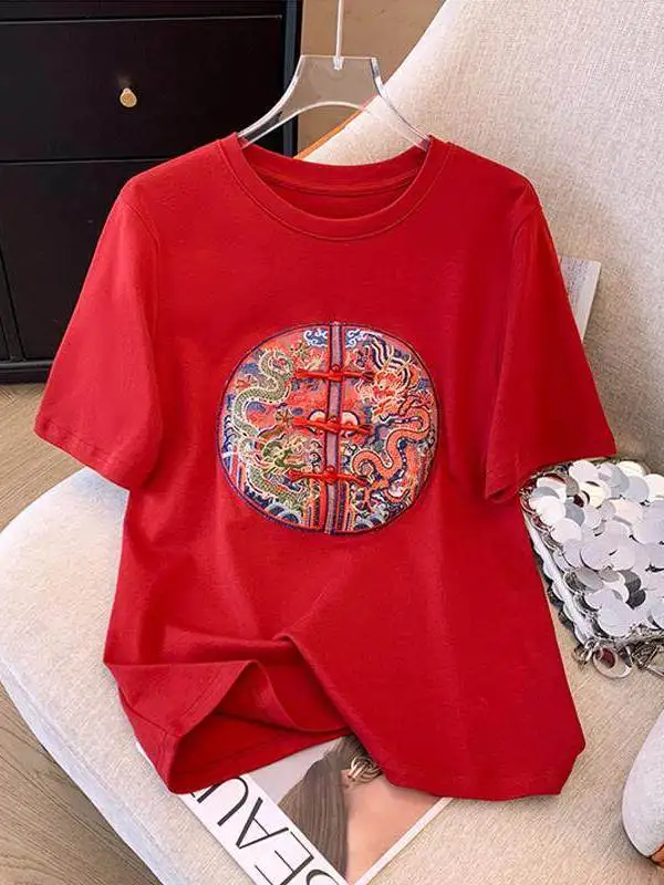 

Loose Casual Short Sleeve T-Shirt Women Summer Breathable Polyester Fiber round Neck Dragon And Phoenix Embroidery Base Shirt