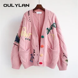 2024 Spring Women's Sweater Warm Knitted Sweater Jacket Loose Pocket Embroidery Fashion Knit Cardigan Jacket Ladies Jacket