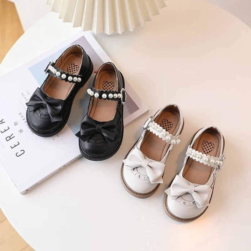 Kids Girls Casual Shoes Kids PU Leather Shoes with Bow-knot Sweet Cute Fashion Princess Children Wedding Dress Party Flats Soft