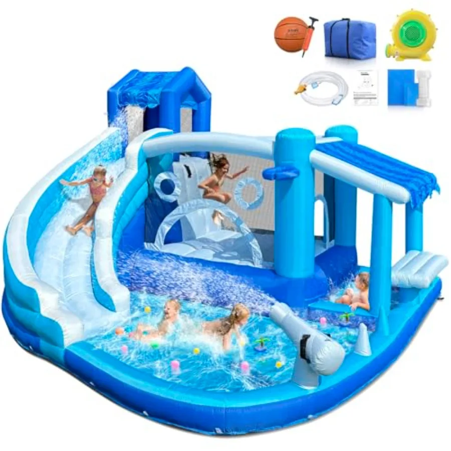 

Outdoor indoor inflatable bounce house water slide park for kids 3-12, PVC material, blue and yellow, includes 550W powerful bl