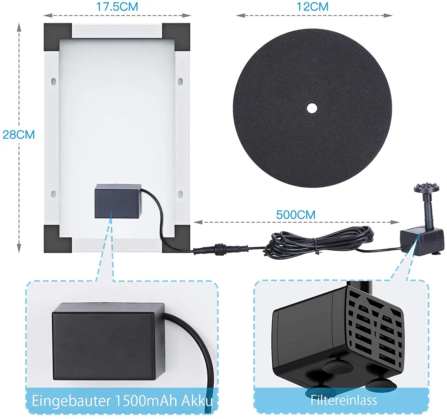 AISITIN-Bomba Solar de Fonte de Água, Bateria 1500mAh Embutida, Fonte Flutuante com 6 Bicos, Ajuste para Banho de Pássaros, 5.5W