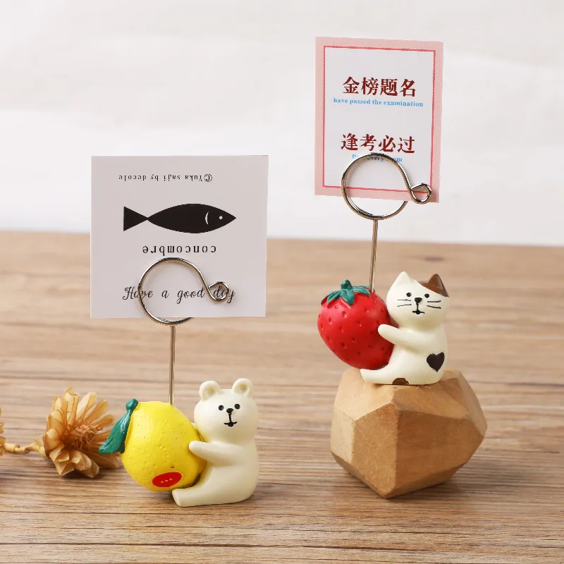 

Creative Cute Cat Hugging Strawberry, White Bear Hugging Lemon Resin Message Holder, Desktop Decoration Photo Holder Note Holder