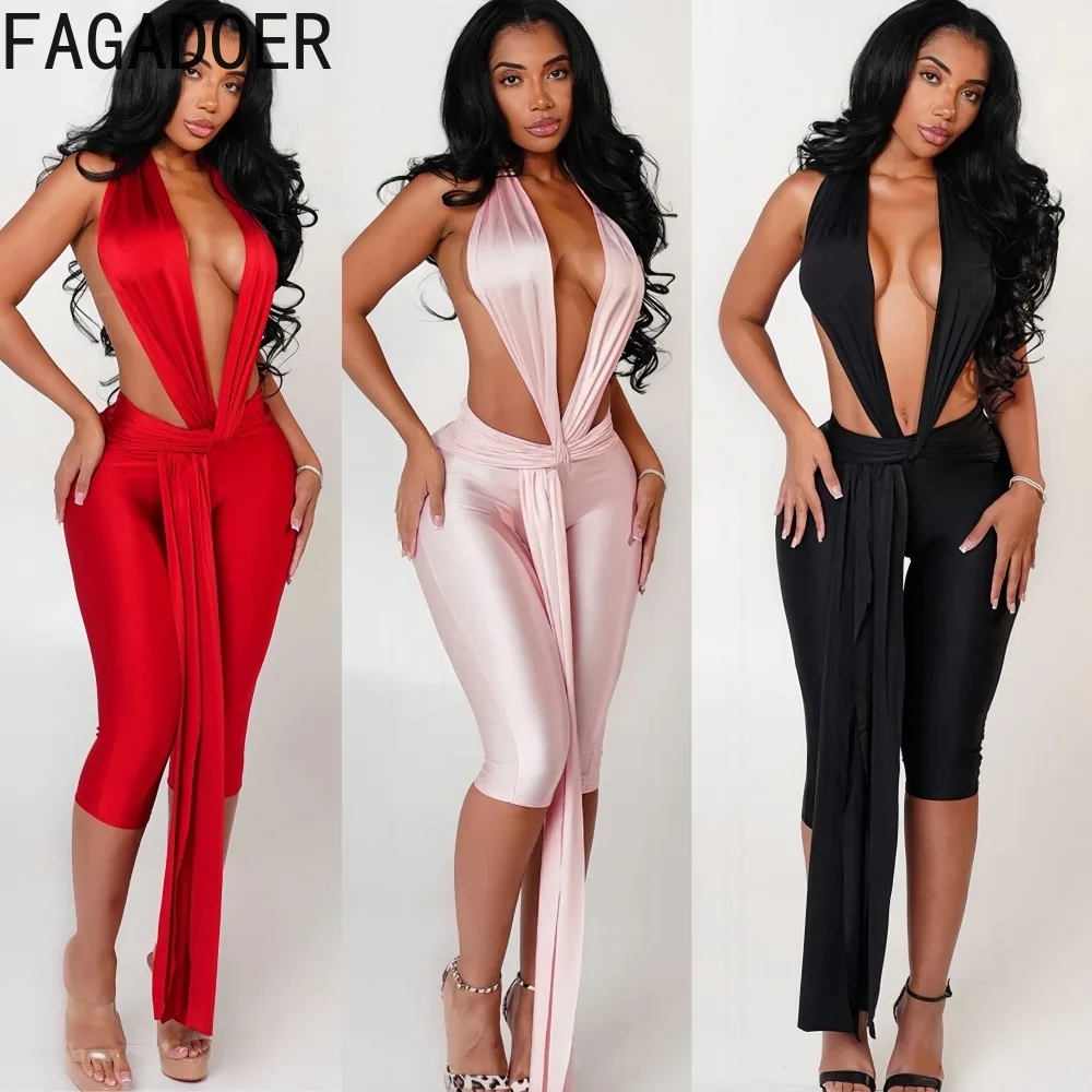 

FAGADOER Sexy Tassel Patchwork Bodycon Romper Women Halter Deep V-neck Backless Jumpsuits Female Streetwear Overalls 2025 New
