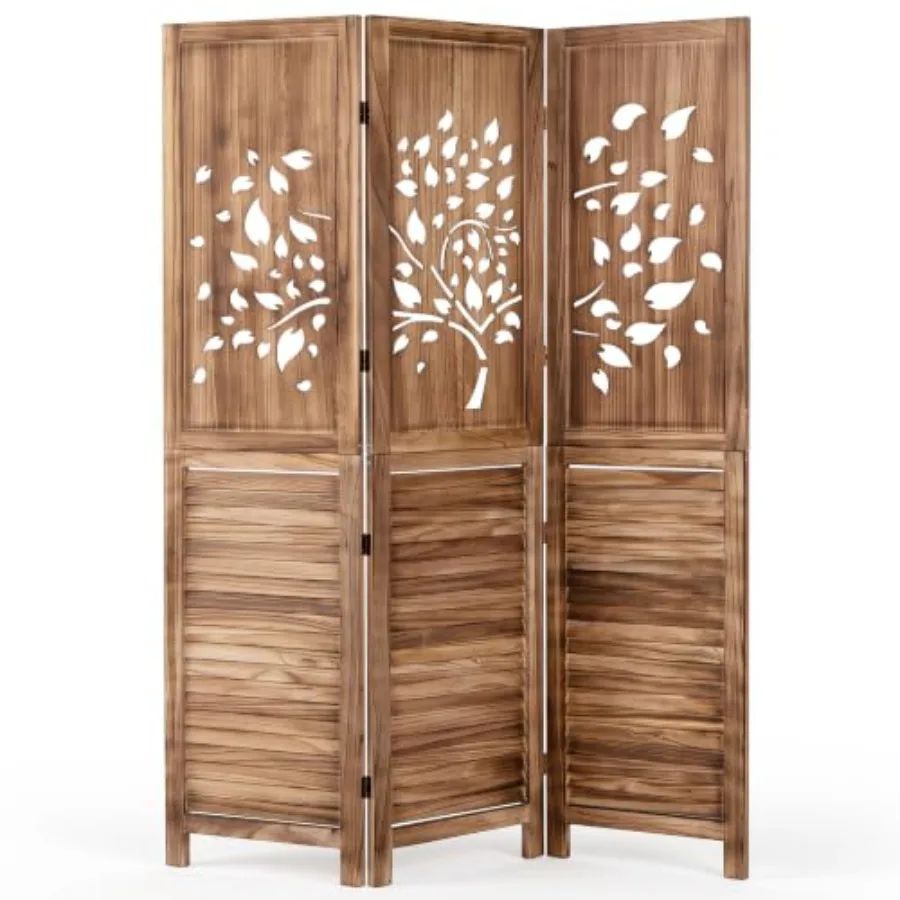 3 Panel Folding Room Divider for home office and bedroom use, rustic brown wood with tree leaf cutout and louvered slats, boho