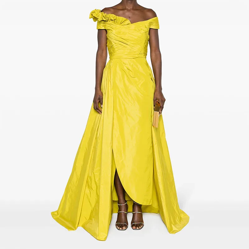 Elegant Lemon Yellow Off The Shoulder Evening Dress Asymmetric Taffeta Ruffles Prom Dress Customize Special Occasions 2024