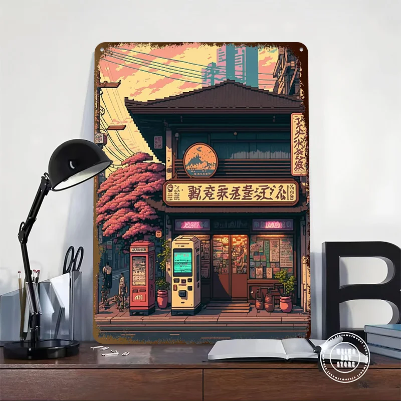 Japan Pixel Art Tinplate Posters Customizable Wall Art Retro Vintage Metal Signs for Home Room Garage Decoration Aesthetic Cozy