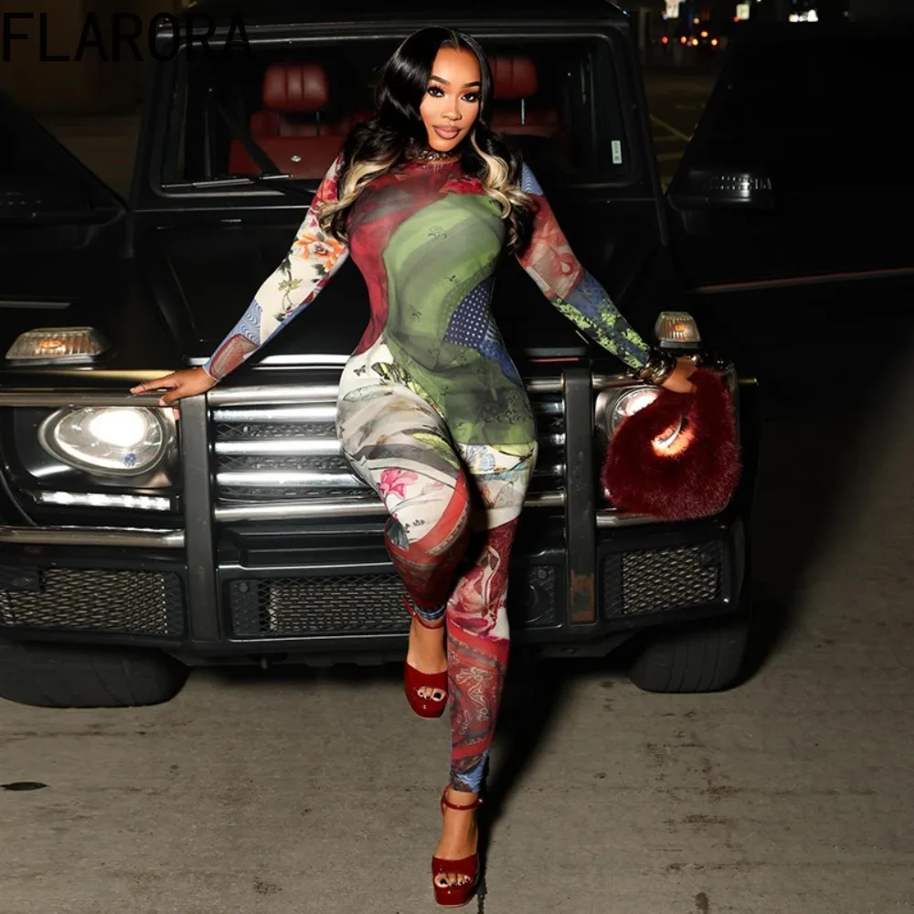 

FLARORA Vintage Colorful Print Jumpsuits Woman Round Neck Full Sleeve Skinny Peach Hip Jumpsuit Midnight Street Stretch Overalls