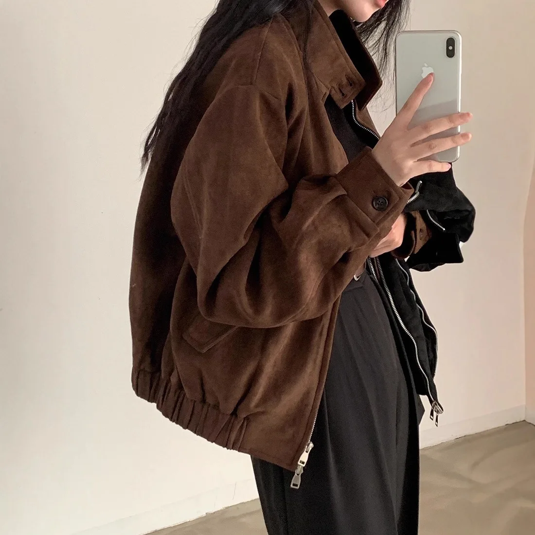 Outfit Faux Suede For Women Spring And Autumn Design Sense Niche Short American Style Bomber Jacket Top