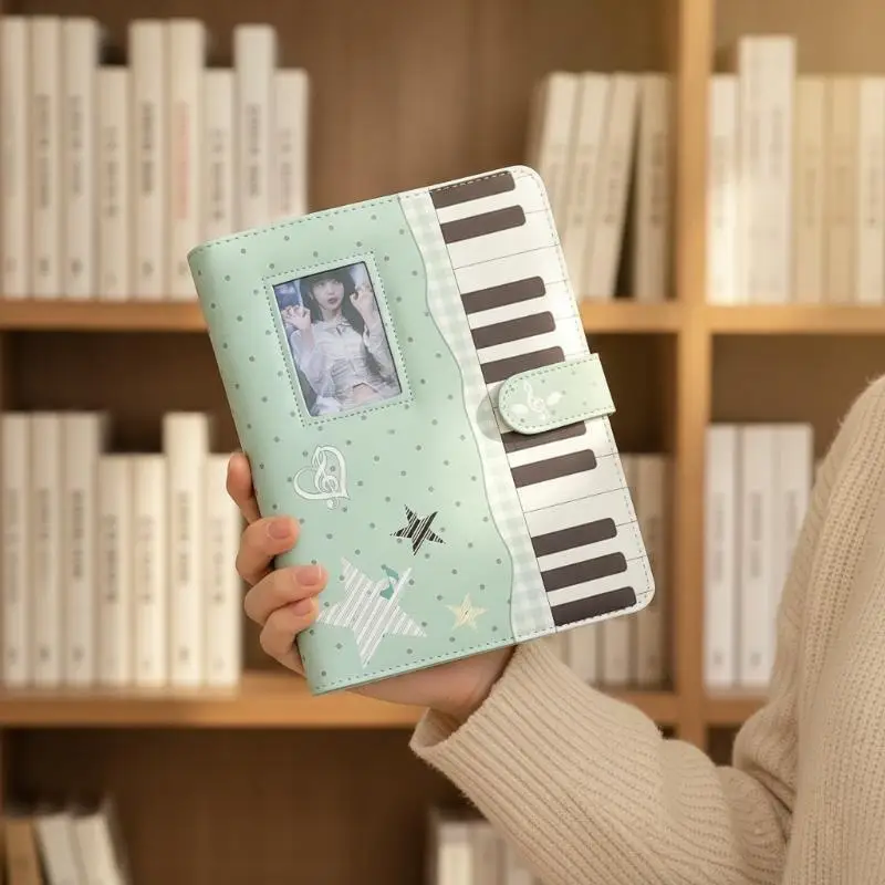 PU Leather Notebook Piano Key Print Magnetic Closure Photo Slot for Pocket Journaling Daily Casual Use