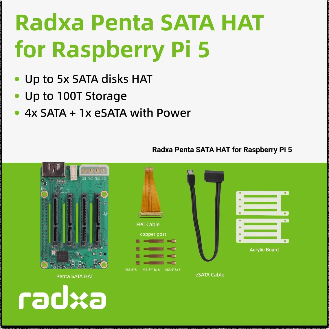 Cappello raxa Penta SATA-cappello con dischi SATA fino a 5x per Raspberry Pi 5 e ROCK Pi SBCs,3C,5A, 4A / 4B / 4SE / 4A + / 4B + / 3A