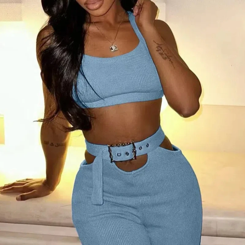 Sets for Women 2 Pieces 2024 Summer Solid Color Sleeveless Backless Crop Vest & Waist Hollow High Waist Skinny Flared Pants Set