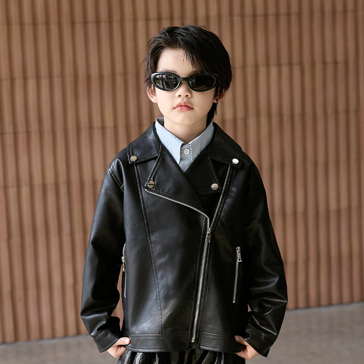 Teen Boys Biker Faux Leather Jacket Casual Cool Streetwear Fall School Kids Stand-collar Leather Coat Versatile Child Outerwear
