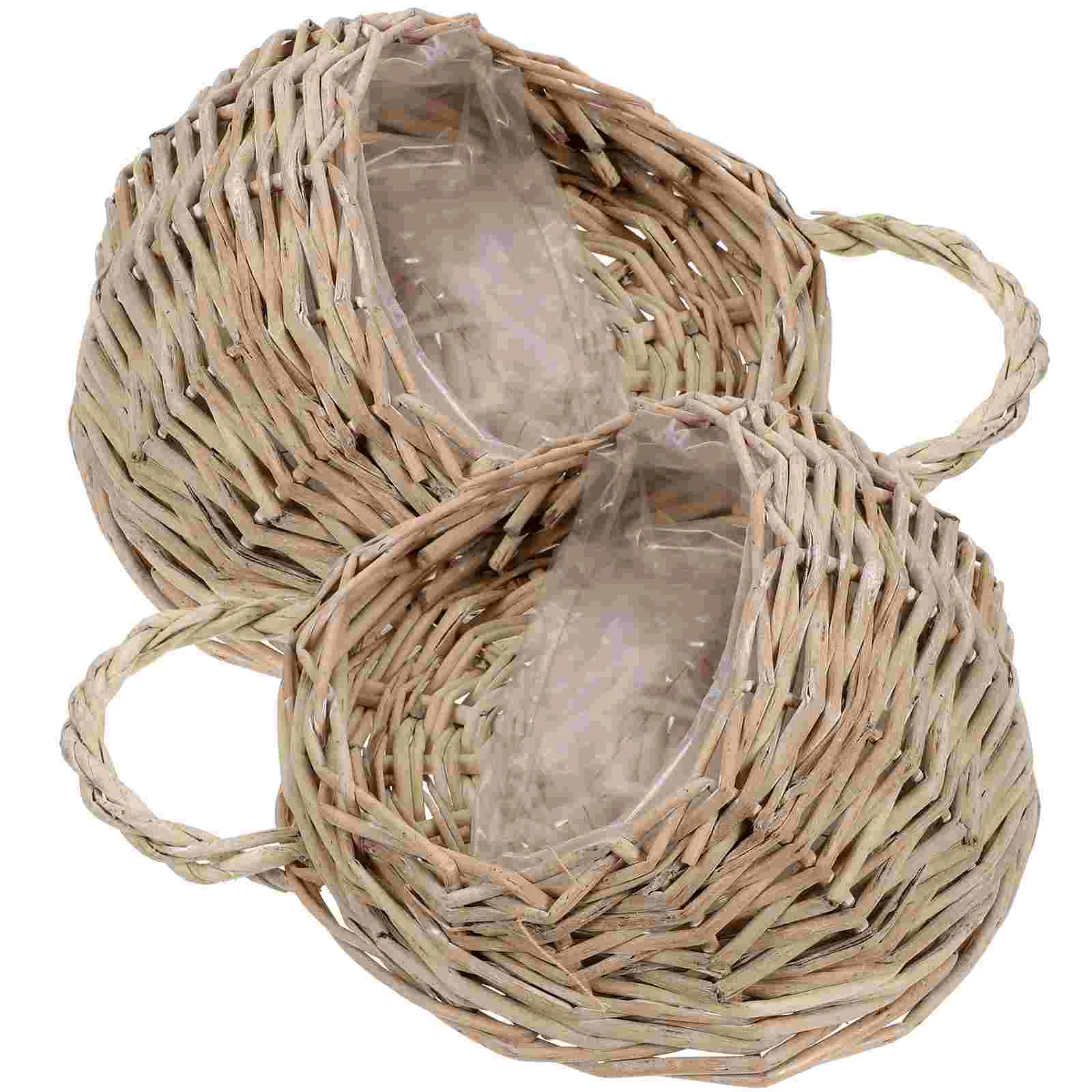 2 Pcs Bohemian Decor Wall Hanging Rattan Flower Basket Fruit Vegetable Storage Holder Container Sundries Organizer