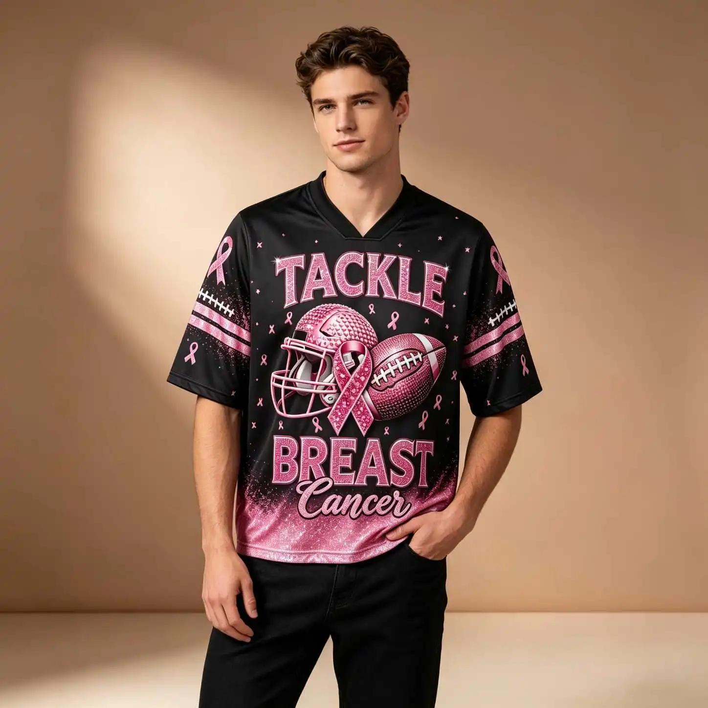 Men Game Day Summer Sporty Pink Ribbon Breast Cancer Football Print Oversized V Neck Elbow Sleeve Tee, Loose Fit