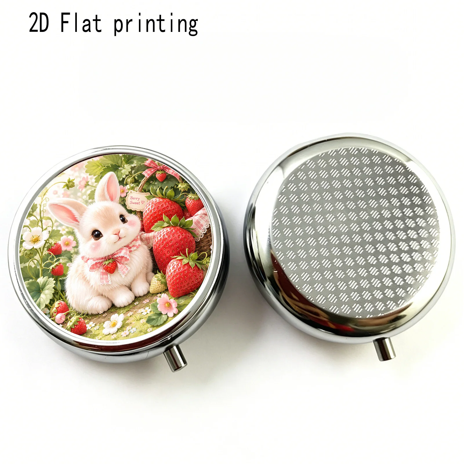 Pink and White Rabbit and Strawberry Flower Pattern, Round Three-Compartment Small Medicine Box, Portable Medicine Storage, Small Jewelry Storage, Suitable for Handbags or Travel, Holiday Gifts, Souvenirs, Prizes, Small Gifts, Suitable for Personal Use or as an Exquisite Gift Option